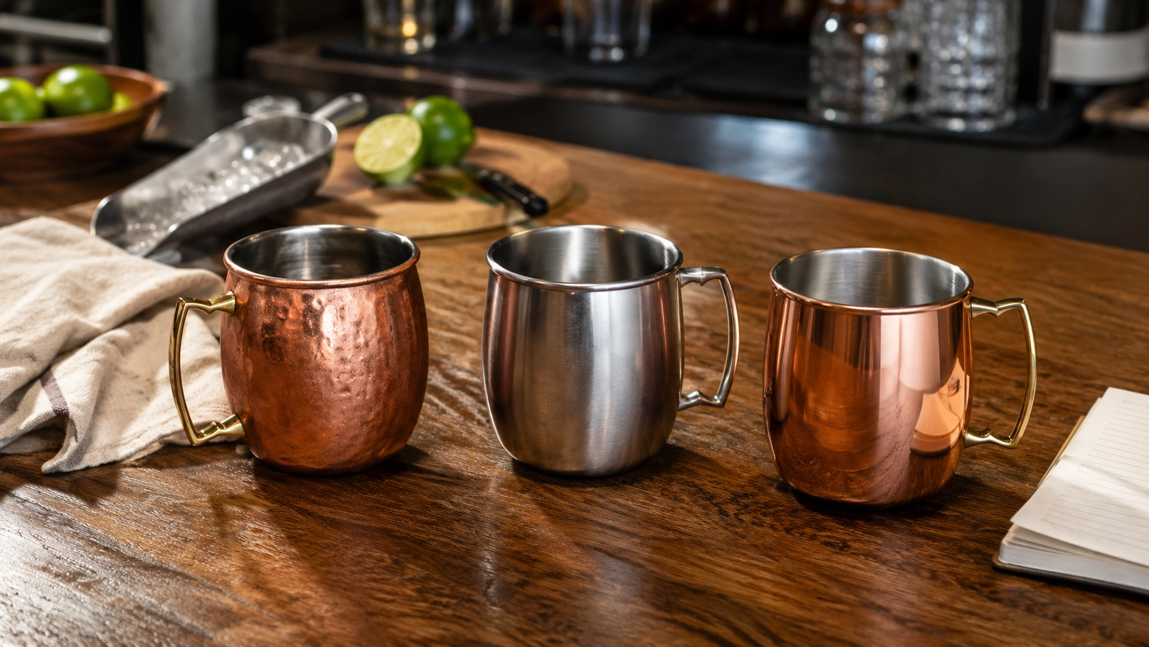 Copper, stainless steel, and copper-finished stainless steel Moscow Mule mugs on a bar counter.