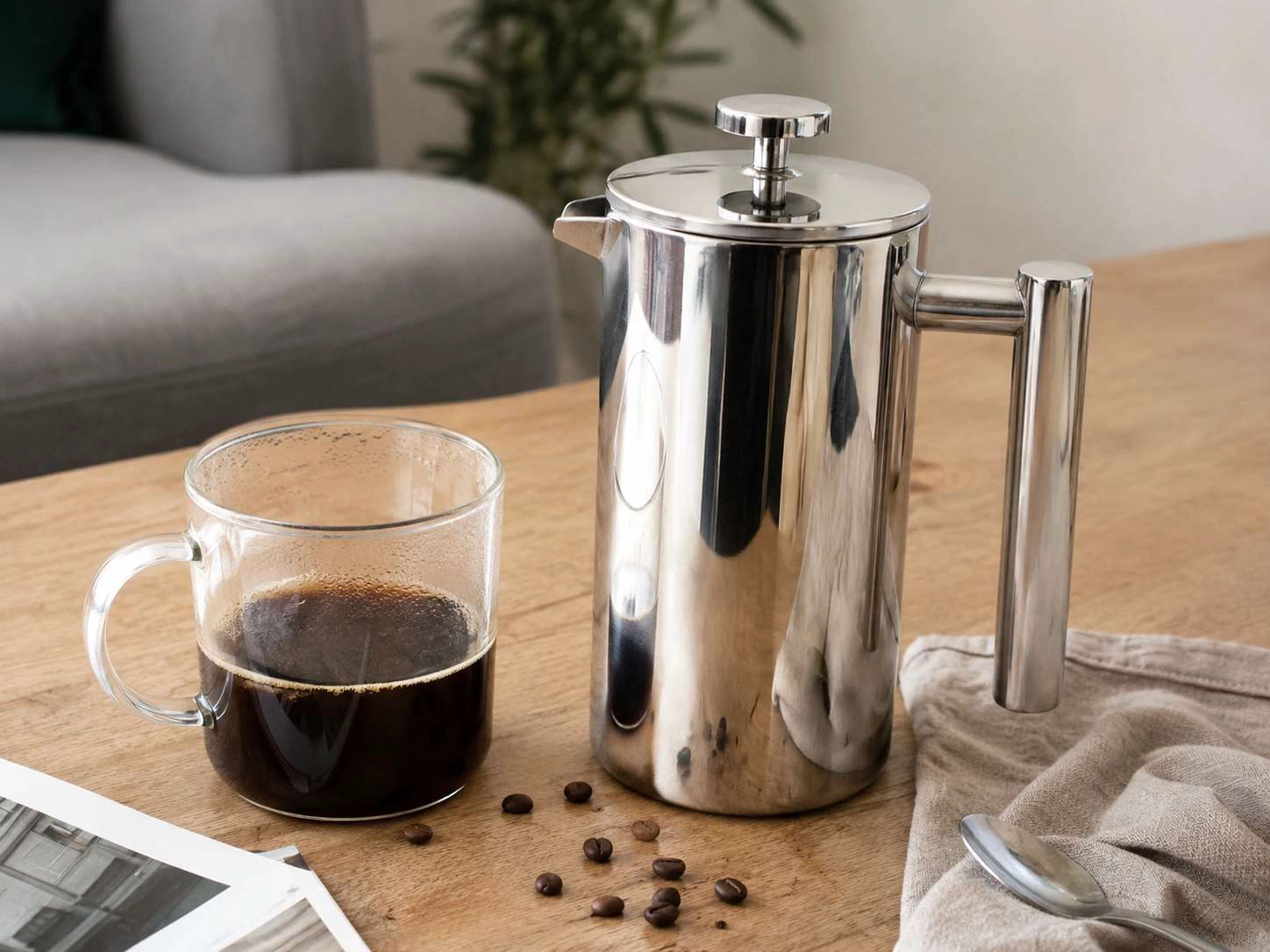 Freshly brewed coffee beside a stainless steel French press on a wooden table.