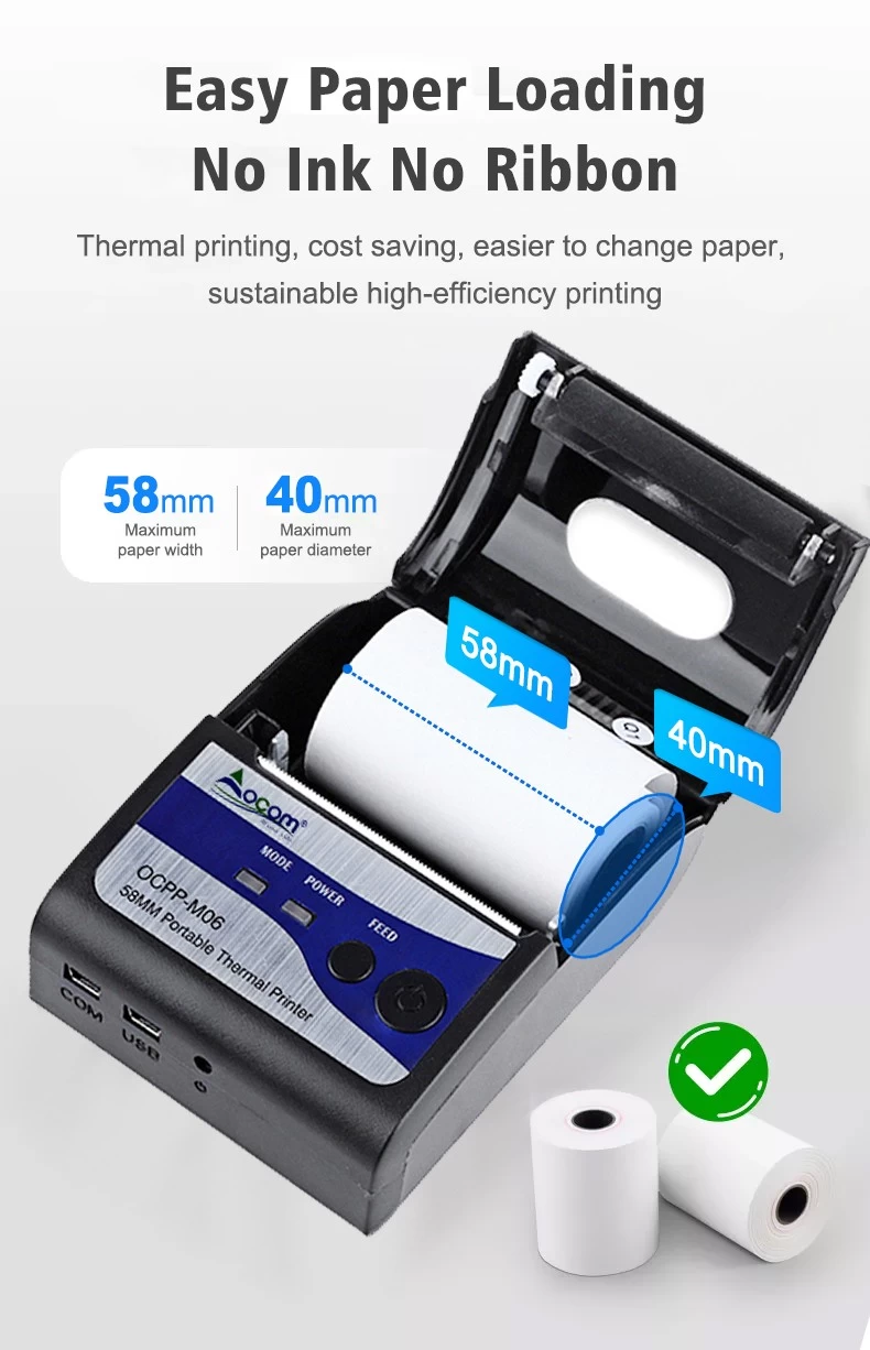 Imprimante de reçus thermique pour téléphone portable Taille mini de 58 mm  à transporter Fonctionne avec une imprimante Bluetooth sans fil portable  Android et iOS (livré sans prise)