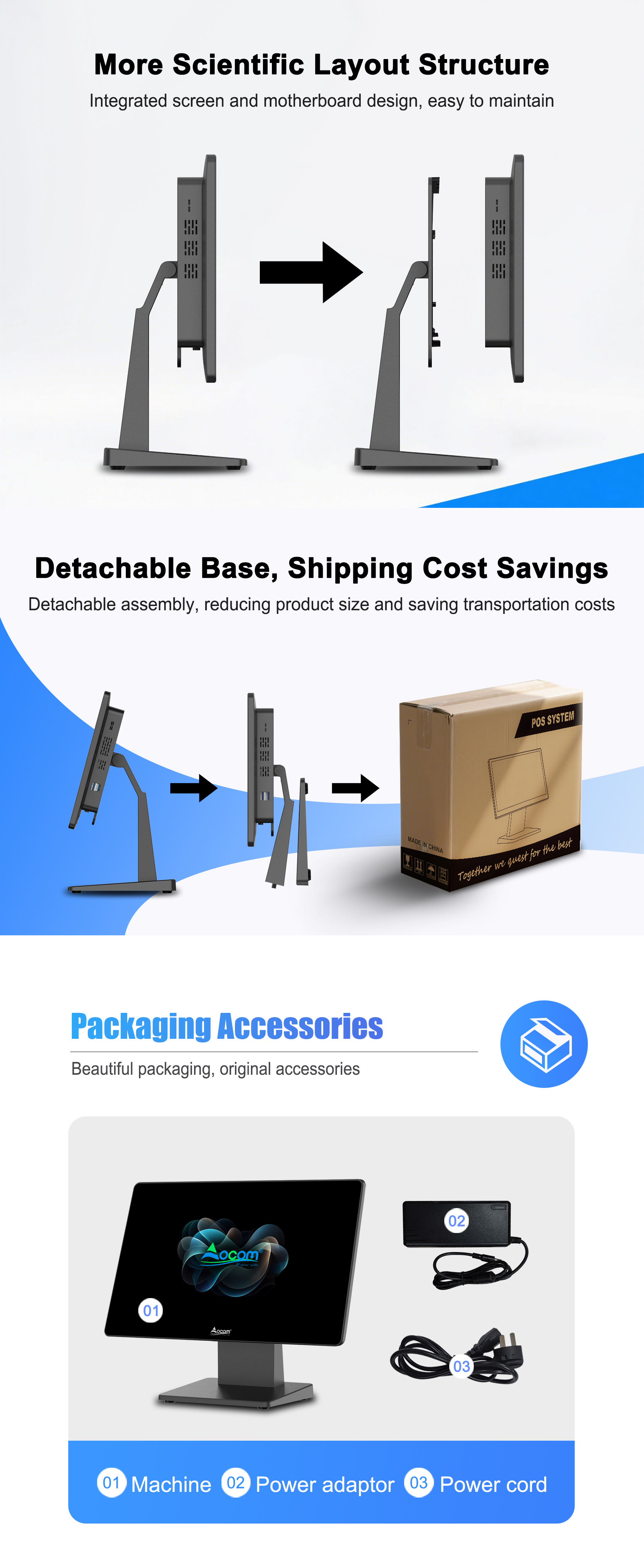 OCOM 15.6 inch one line connection POS, easily detachable secondary screen