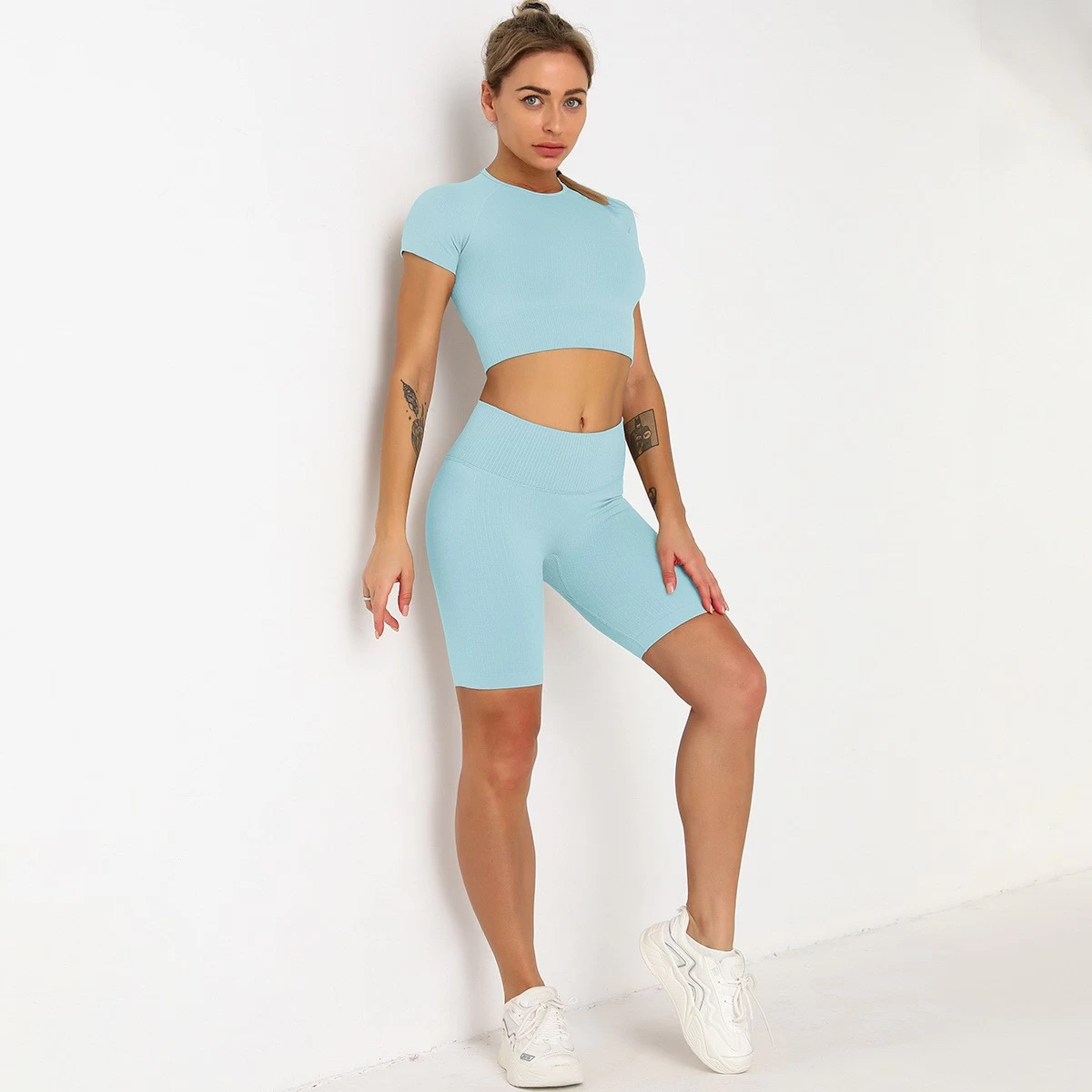 S-SHAPER Women Seamless Yoga Outfits 2 Piece Set Workout Gym Shorts + Short Sleeve Crop Top Manufacturer