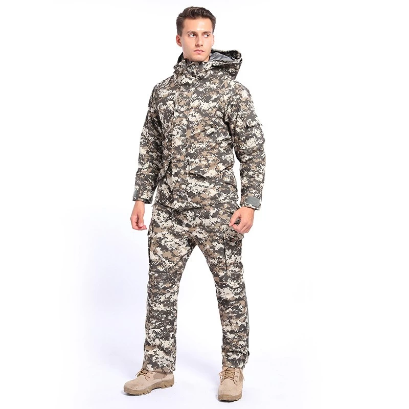 S-SHAPER Men Winter Warm Fleece Tactical Jacket Outdoor Waterproof Hooded Coat Hiking Soft Shell Jacket and Pants Set