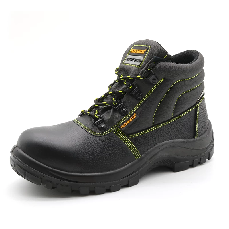 TM051 Black genuine leather anti slip pu sole steel toe mid plate safety shoes boots