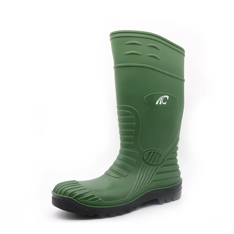 GB05 Oil acid alkali resistant waterproof steel toe prevent puncture green pvc safety rain boots