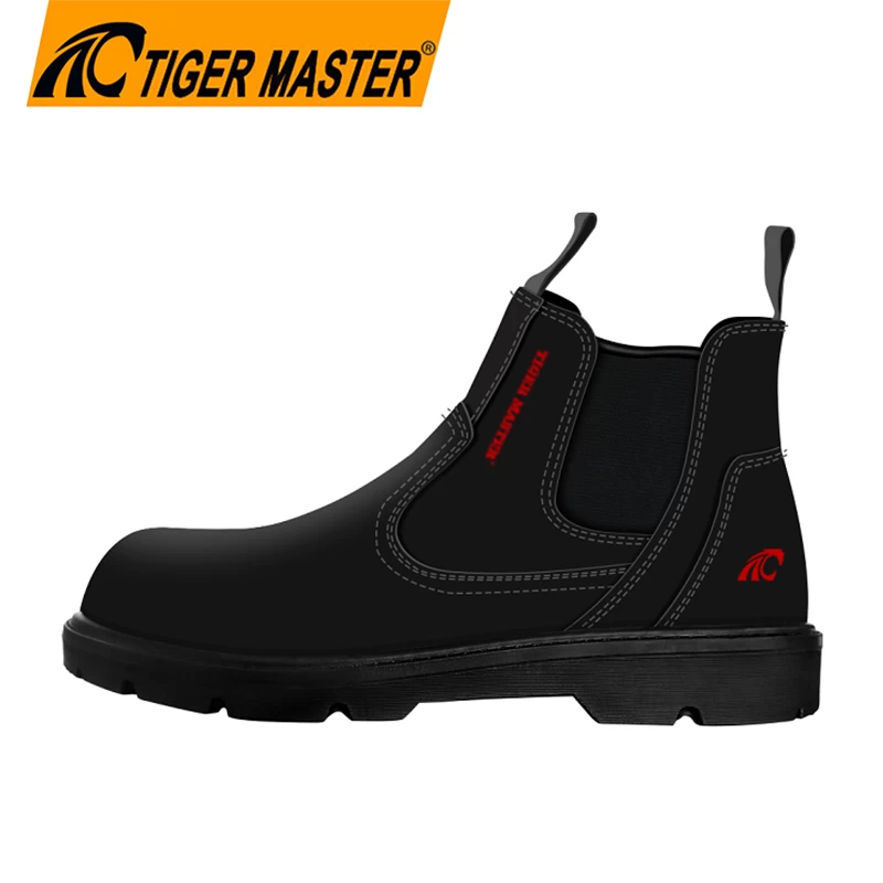 TM307 黑色磨砂皮革防滑 pu 鞋底钢头防刺穿安全鞋，无鞋带