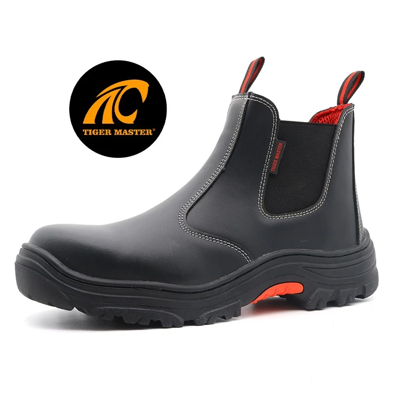 TM143 Zapatos de seguridad HRO de goma antideslizantes con punta de compuesto de cuero negro y banda elástica sin cordones
