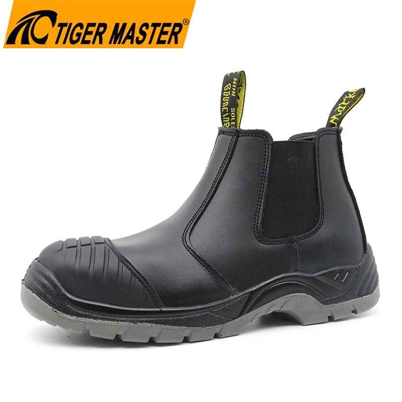 TM062 Черная защитная обувь из коровьей кожи с противоскользящей полиуретановой подошвой со стальным носком без шнурков для мужчин