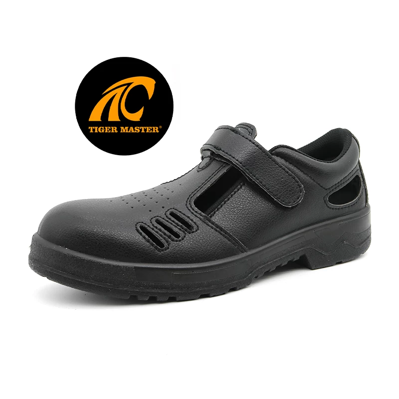 TM075 Zapatos de seguridad de verano con punta de acero antideslizante de cuero negro para hombres