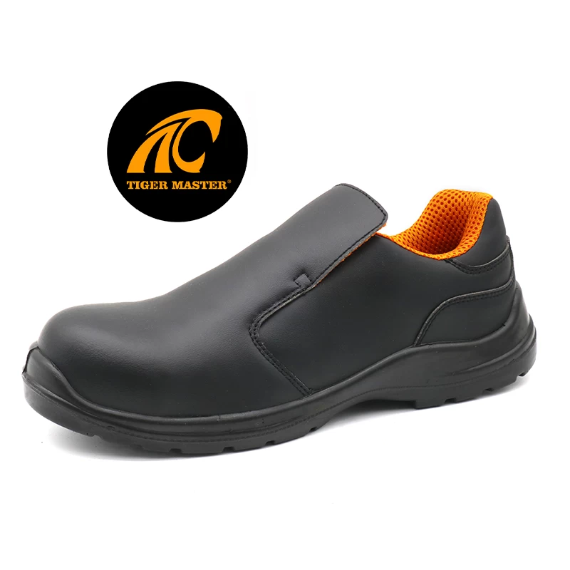 TM079-1 حذاء طاهٍ مصنوع من جلد ميكروبير أسود بمقدمة مركبة غير قابل للانزلاق للمطبخ