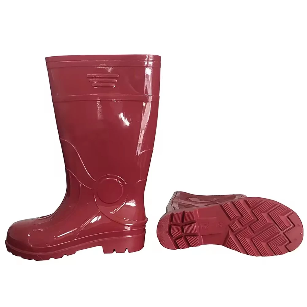 GB07-7 Genou haute imperméable anti-dérapant orteil en acier rouge paillettes pvc bottes de pluie de sécurité hommes