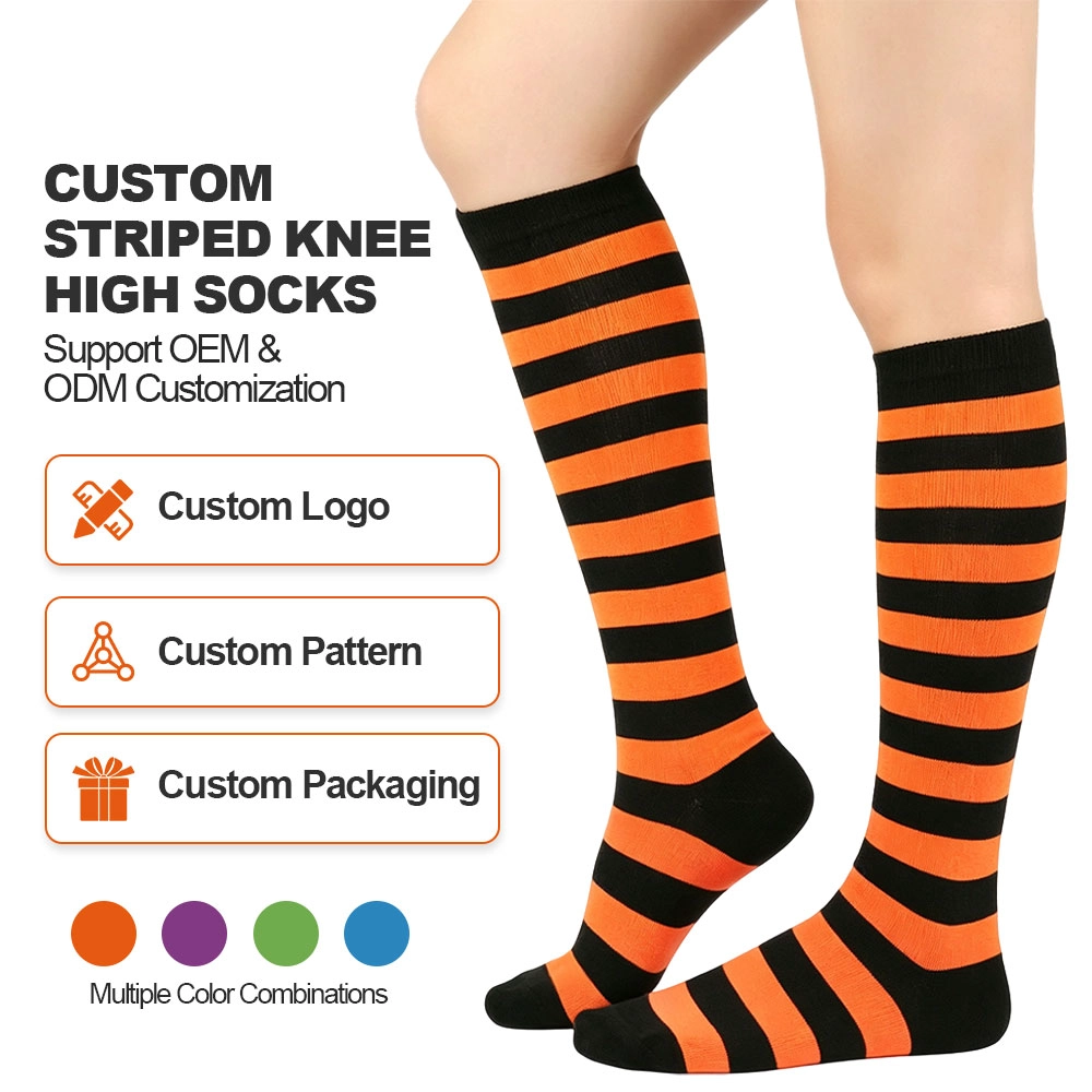 Chine Chaussettes hautes à rayures personnalisées, vente en gros, chaussettes de Costume de Cosplay d'halloween pour fête à thème, spectacle sur scène fabricant
