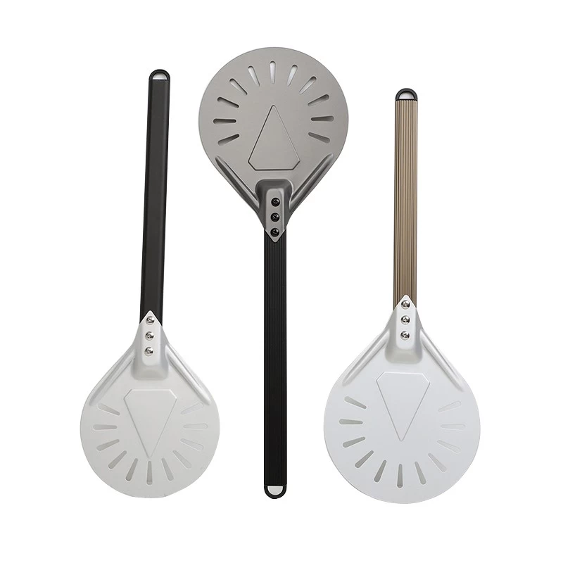 China Aluminum Round Perforated Pizza Peel Shovel with Long Metal Handle manufacturer