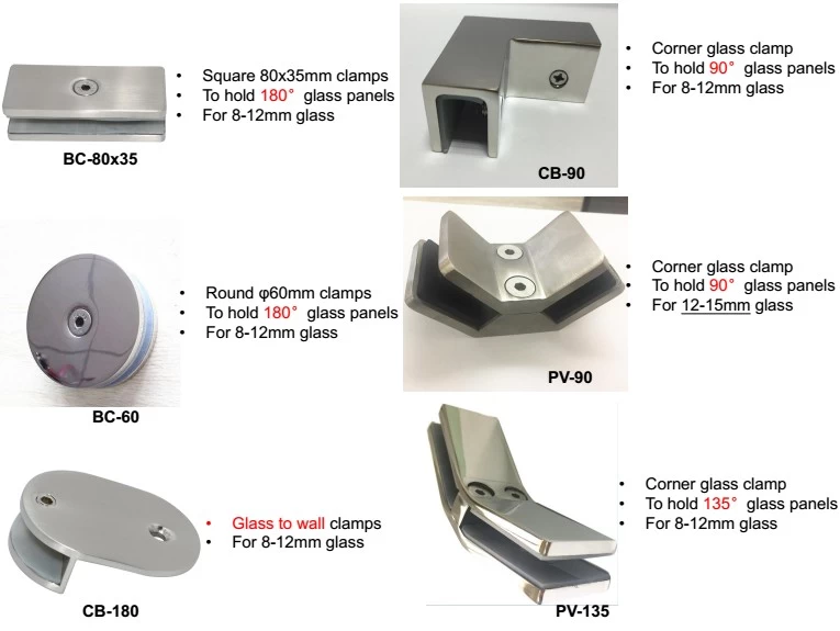 Custom Stainless Steel Glass Railing 45/90/135/180 degree Glass Clamp