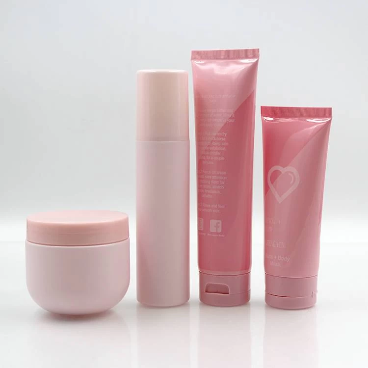pink plastic cosmetic bottle and jar