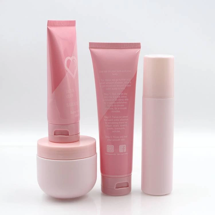 plastic pink cosmetic bottle and jar