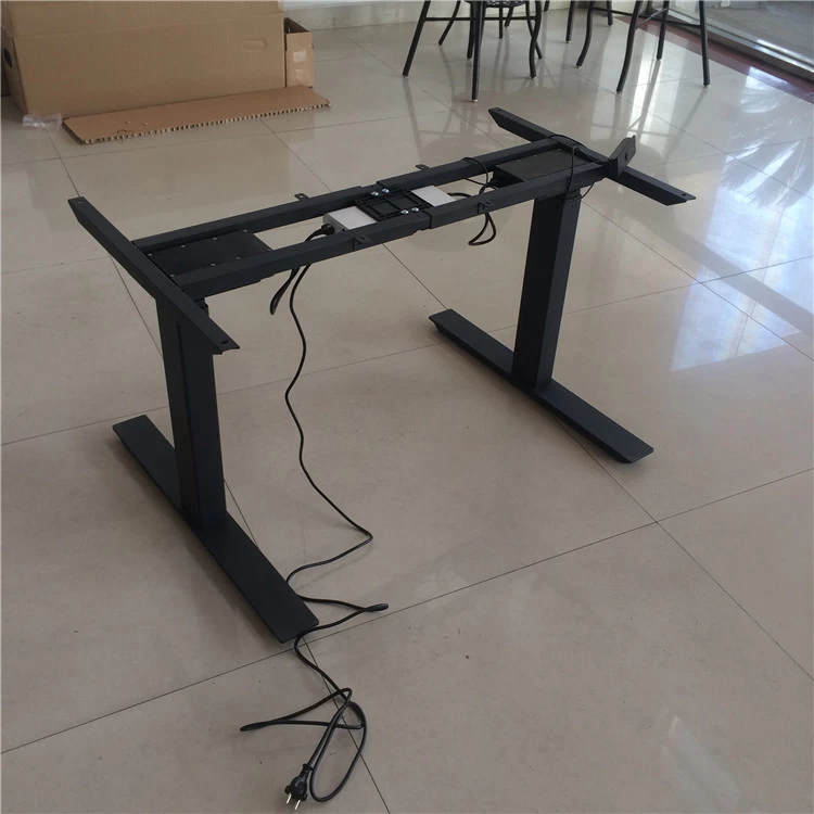 Electronic office height adjustable desk with display screen.