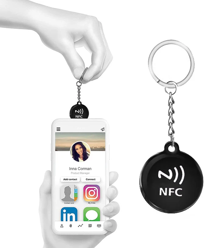 Custom Commercio all'ingrosso NFC Resina epossidica Tag Tasto Anello Social Media Condivisione Portachiavi anello in metallo