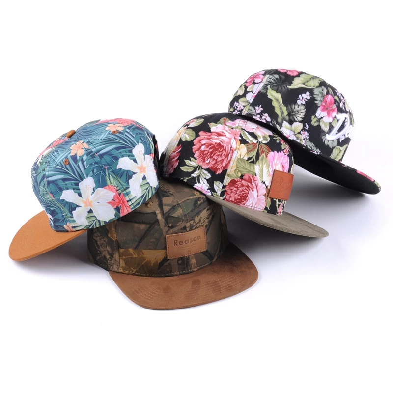 Floral embroidery baseball snap back flat cap