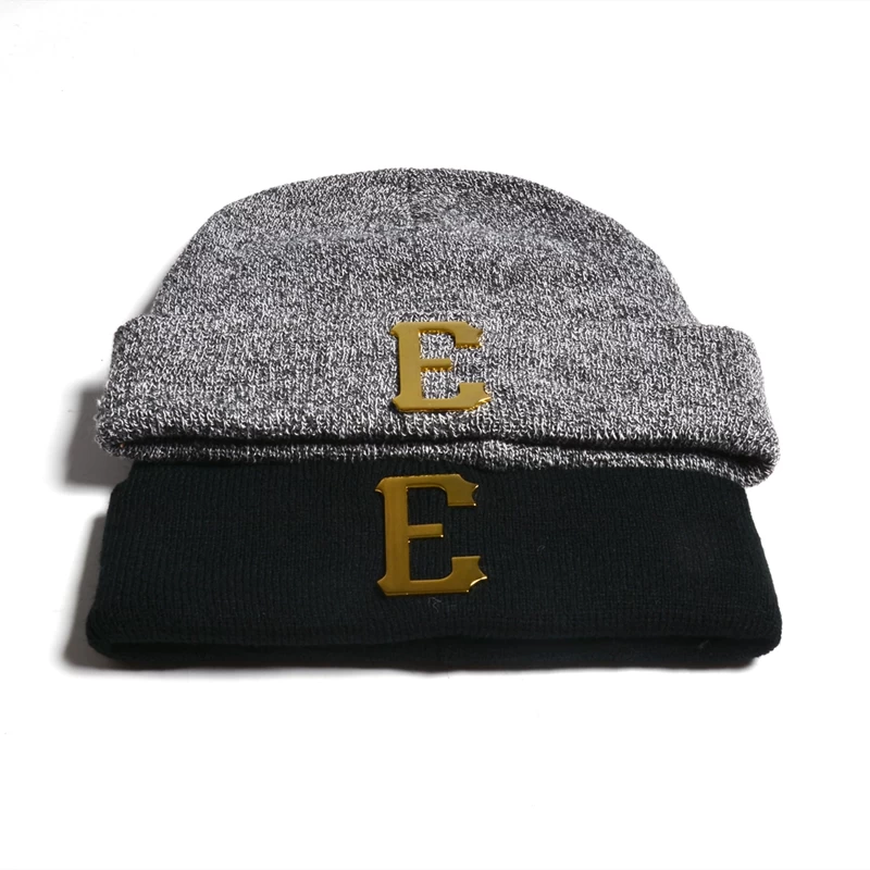 metal patch winter beanies, plain warm knitted hats custom, design logo plain winter caps beanies hats