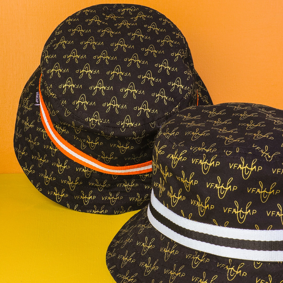 all vfa printing bucket hats, tape bucket hats, design logo vfacaps bucket hats