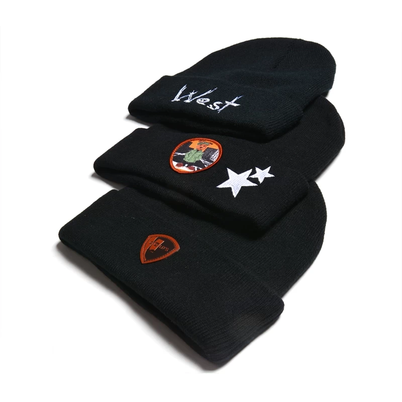 best price knitted winter hat, plain embroidery logo black acrylic beanies, jacquard knitted hats china