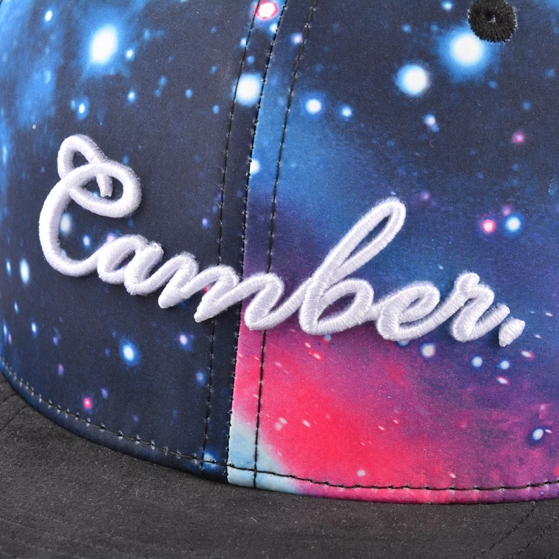 3d embroidery snapback hats, custom galaxy snapback caps, flat suede brim snapback hat 