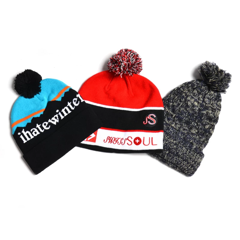 pom pom winter beanies, jacquard logo plain knit caps, custom plain winter beanies