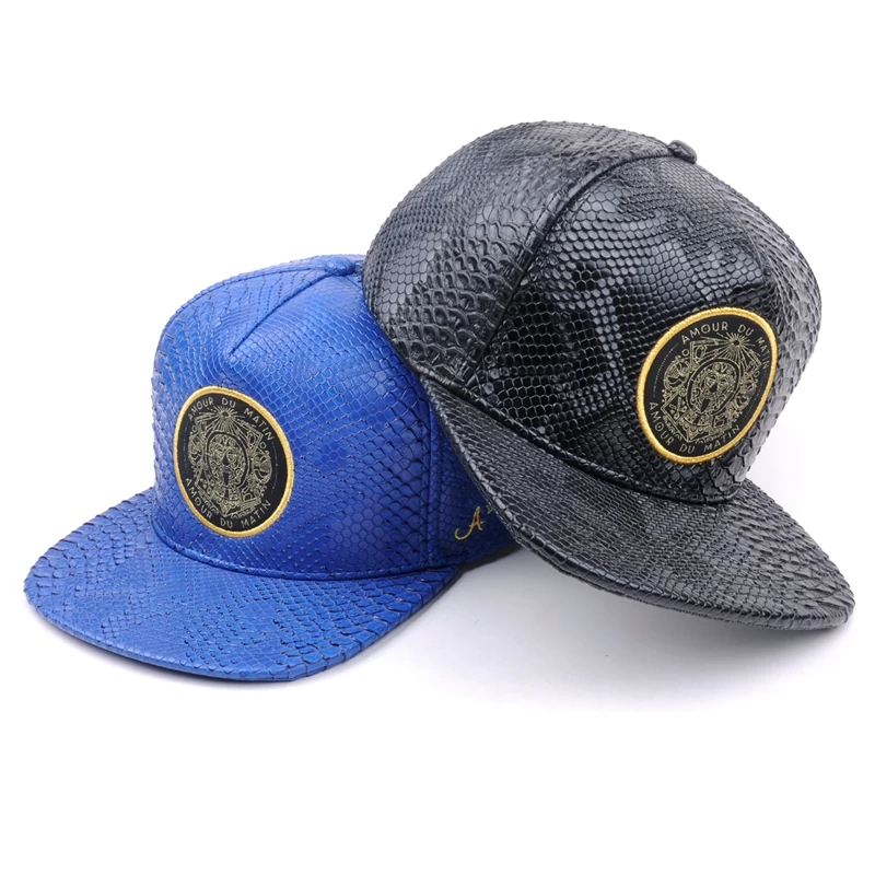 China 5 panels embroidery logo leather snapback caps custom supplier manufacturer