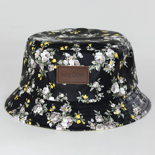 Floral bucket hat with leather logo