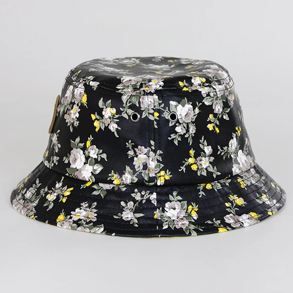 Floral bucket hat with leather logo