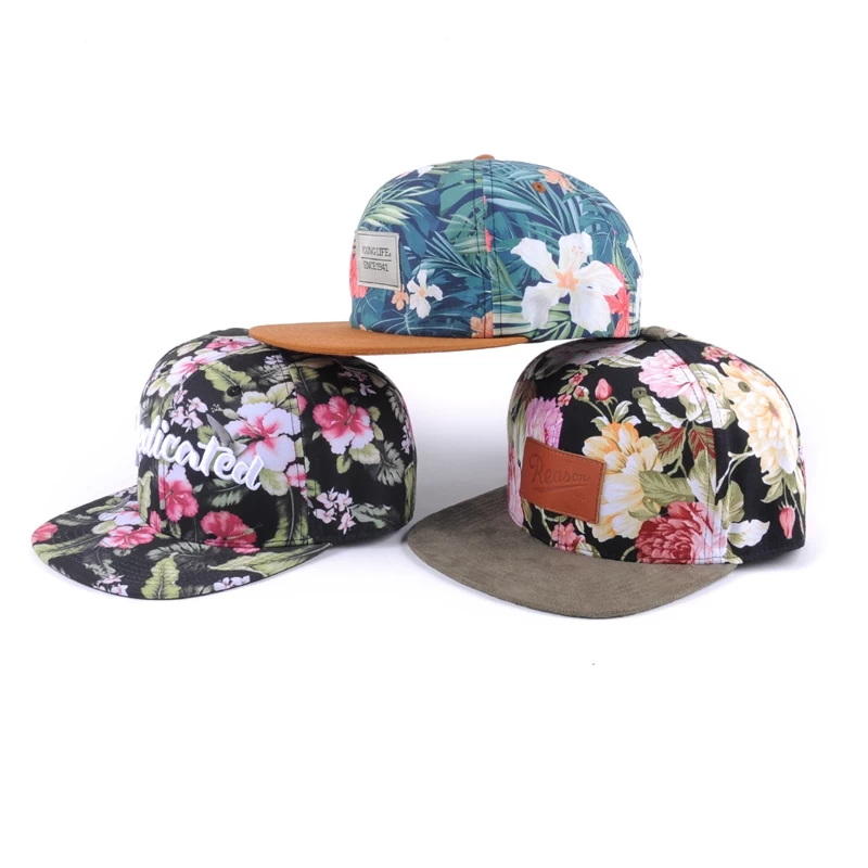 Floral embroidery baseball snap back flat cap
