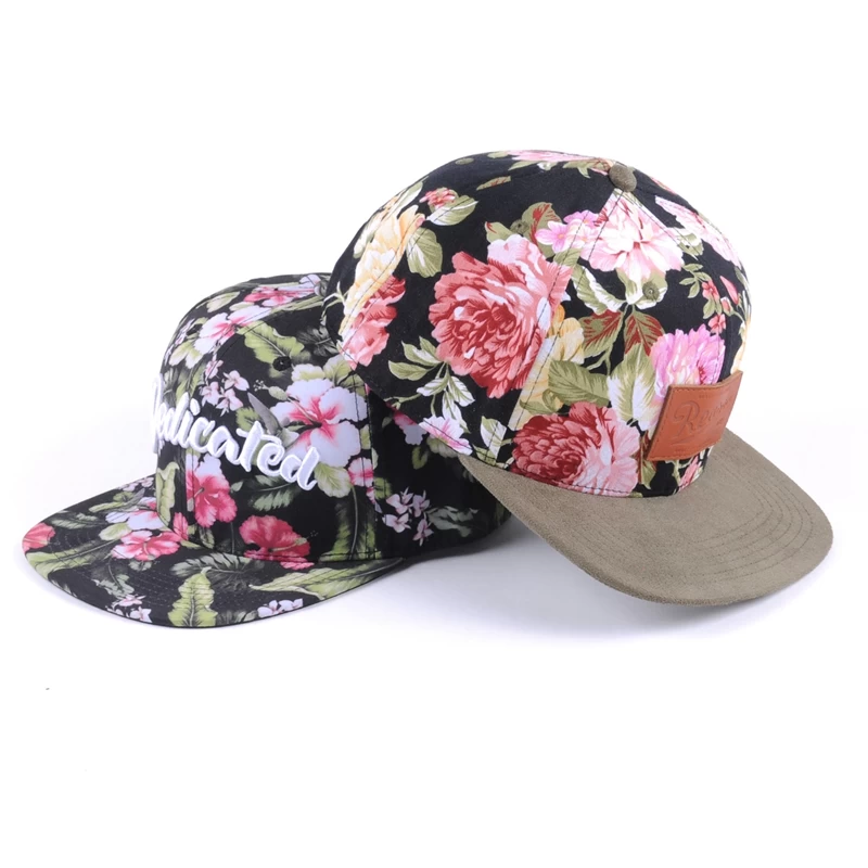 Floral embroidery baseball snap back flat cap