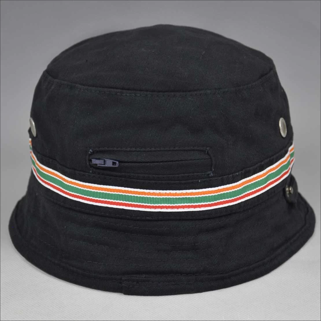black bucket cap with zipper pocket