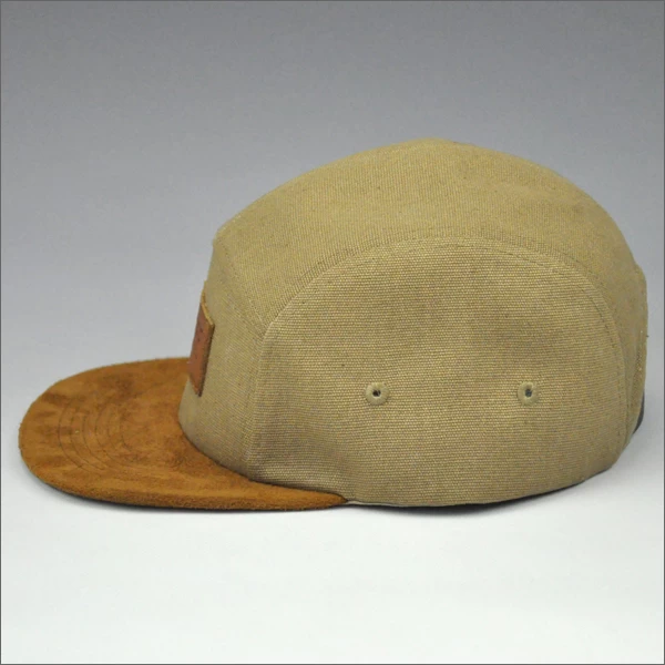 canvas 5 panel hat with leather patch