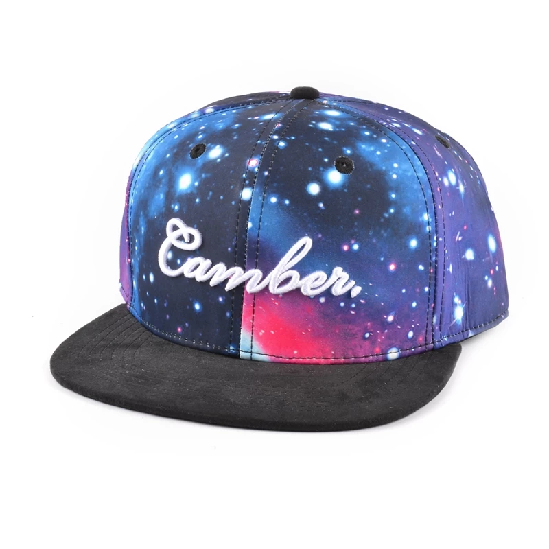 China custom 3d embroidery flat suede brim galaxy snapback hats manufacturer