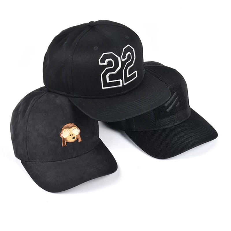 الصين تصميم 6 لوحات شعار التطريز قبعات البيسبول السوداء المخصصة الصانع