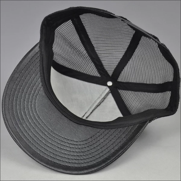 fashion leather brim trucker mesh hat/cap with leather patch