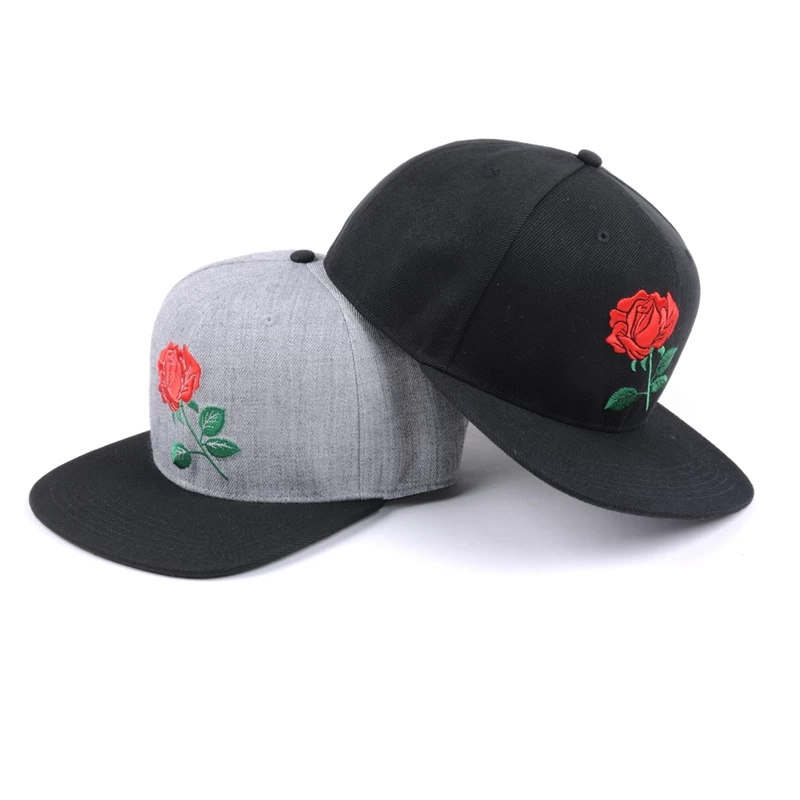 China flat brim rose embroidery plain snapback caps custom logo manufacturer