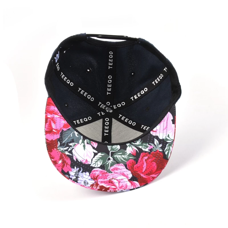 floral brim embroidery snapback hat, 3d embroidery cap manufacturer china