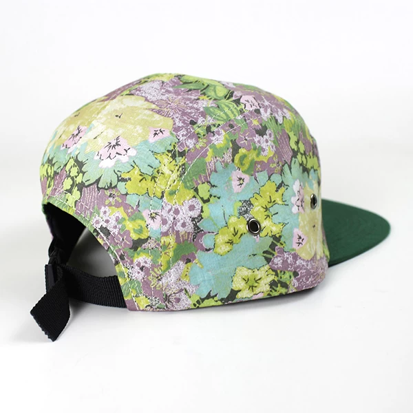 floral brim printing pattern leather strap 5 panel snapback hat