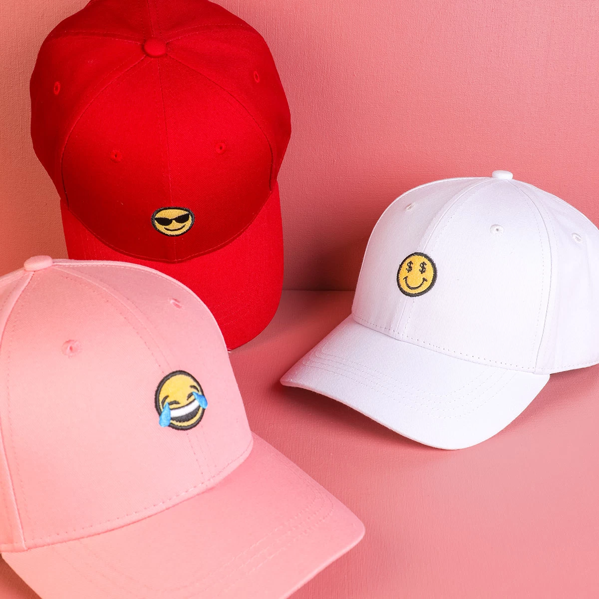 plain smiley face emoji embroidery logo baseball hats custom