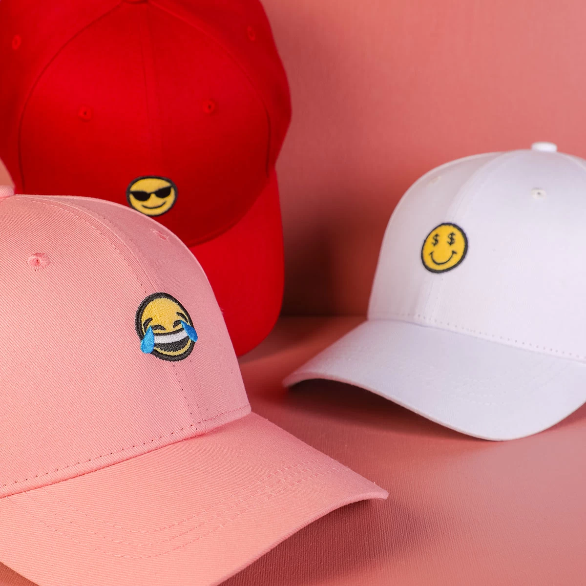 plain smiley face emoji embroidery logo baseball hats custom