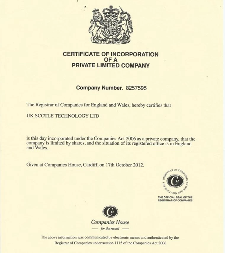 Certificate of Incorporation UK