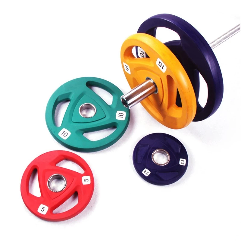 Colored rubber coated tri grip gym barbell weight plate