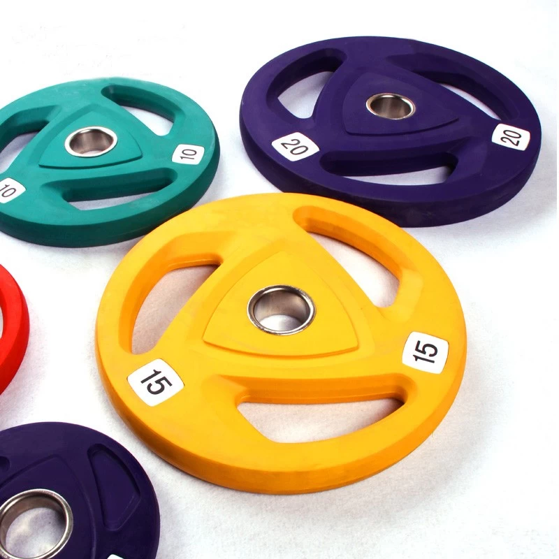 Colored rubber coated tri grip gym barbell weight plate