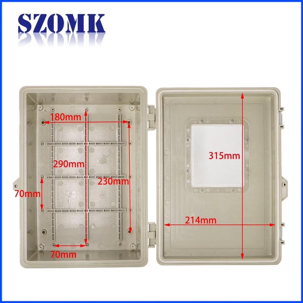 AK-B-F53 IP65 outdoor electrical box waterproof abs pastic hinge cover 340X240X155mm with display window enclosure supply