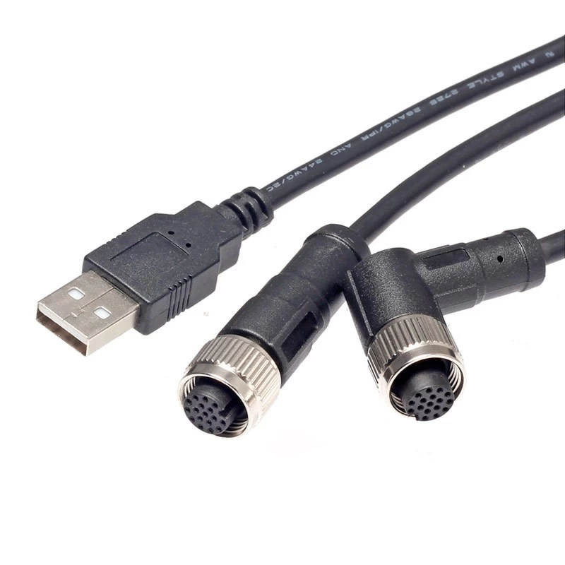 M12 17-stykowa żeńska wtyczka kątowa do męskiego kabla USB