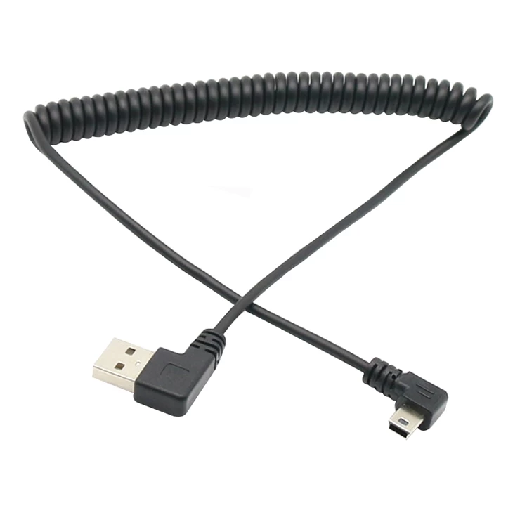 USB 2.0 double angle droit usb un câble spiralé mâle à mini usb