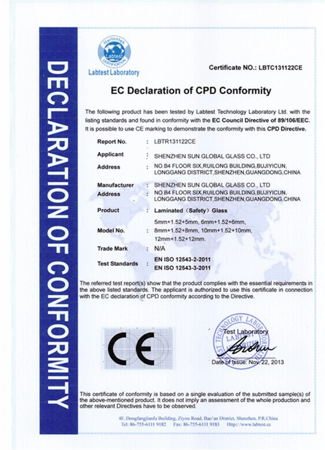 CE certification for laminated glass