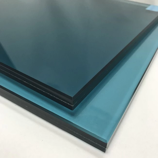 China supplier 6mm green+0.76mm clear PVB+6mm blue colour laminated glass 12mm